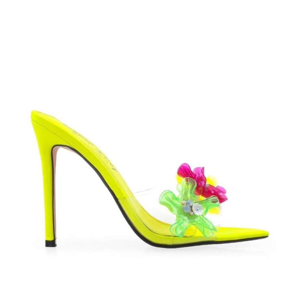Neon yellow high heeled sandal w/ floral detail